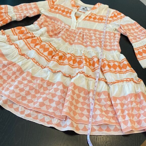 PEARL & CAVIAR Zakar Cotton 3/4 Sleeve Peach and Cream Greek Santorini Dress - Picture 4 of 8